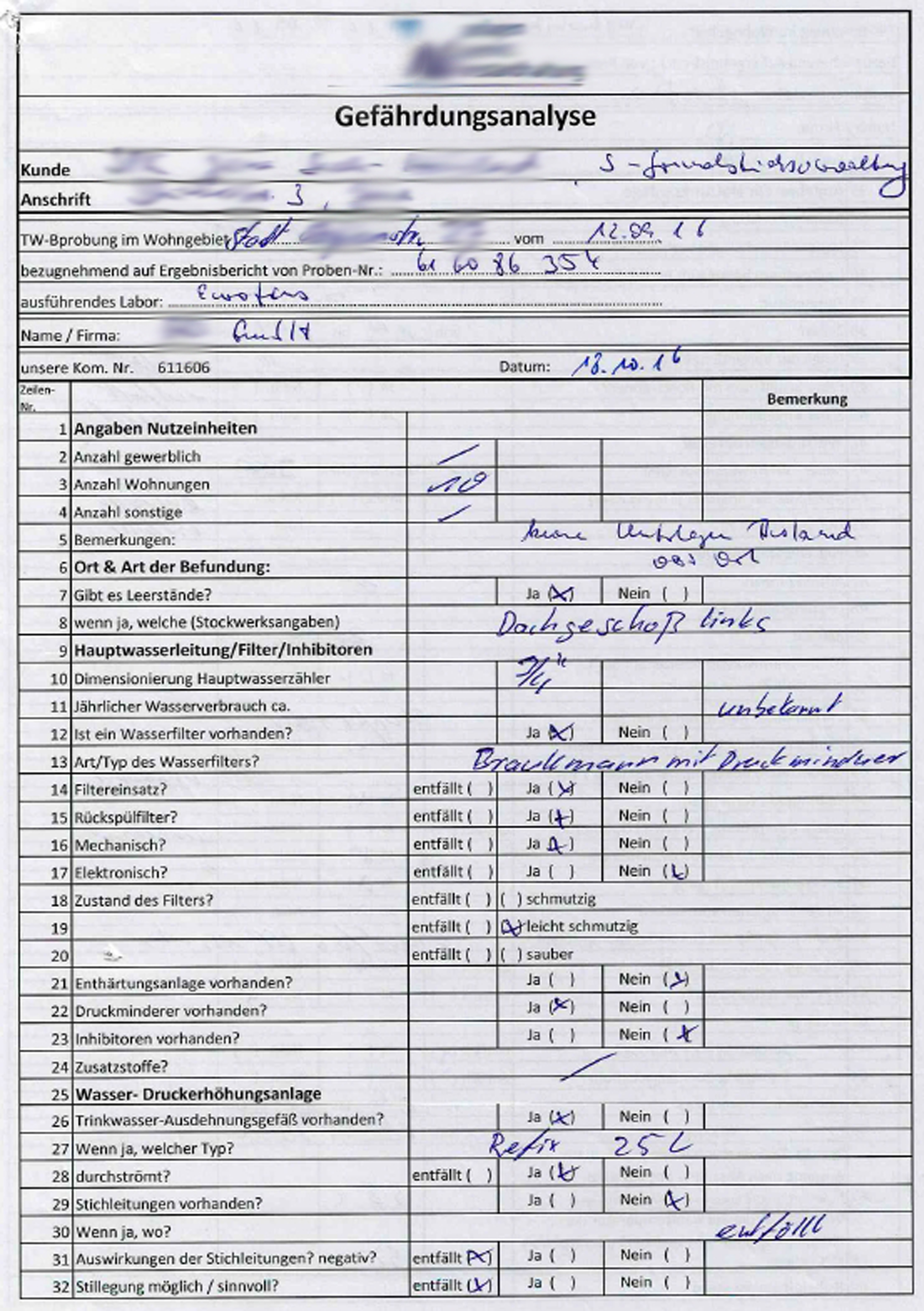 unleserlich ausgefüllte Checkliste mit Titel Gefährdungsanalyse